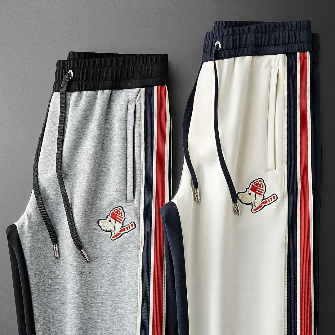 2025秋冬时尚潮流撞色男士运动直筒卫裤织带拼接刺绣男休闲裤百搭