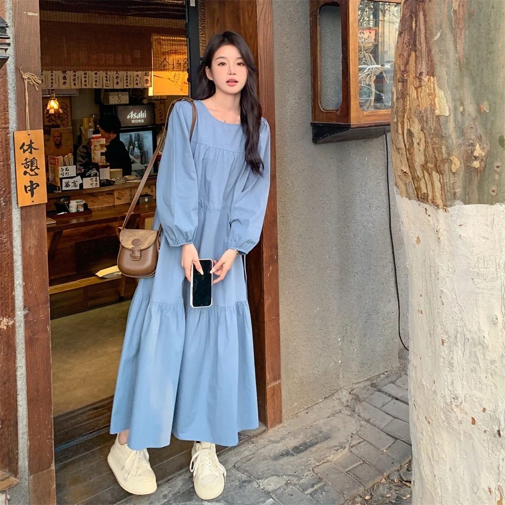 蓝色收腰连衣裙女春秋2025新款高级感法式桔梗a字裙长裙仙女森系