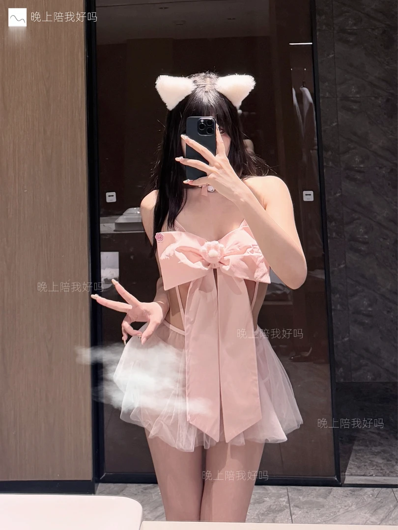 芝士猫咪-纯欲风蝴蝶结睡裙甜美少女睡衣网红吊带可爱网纱裙