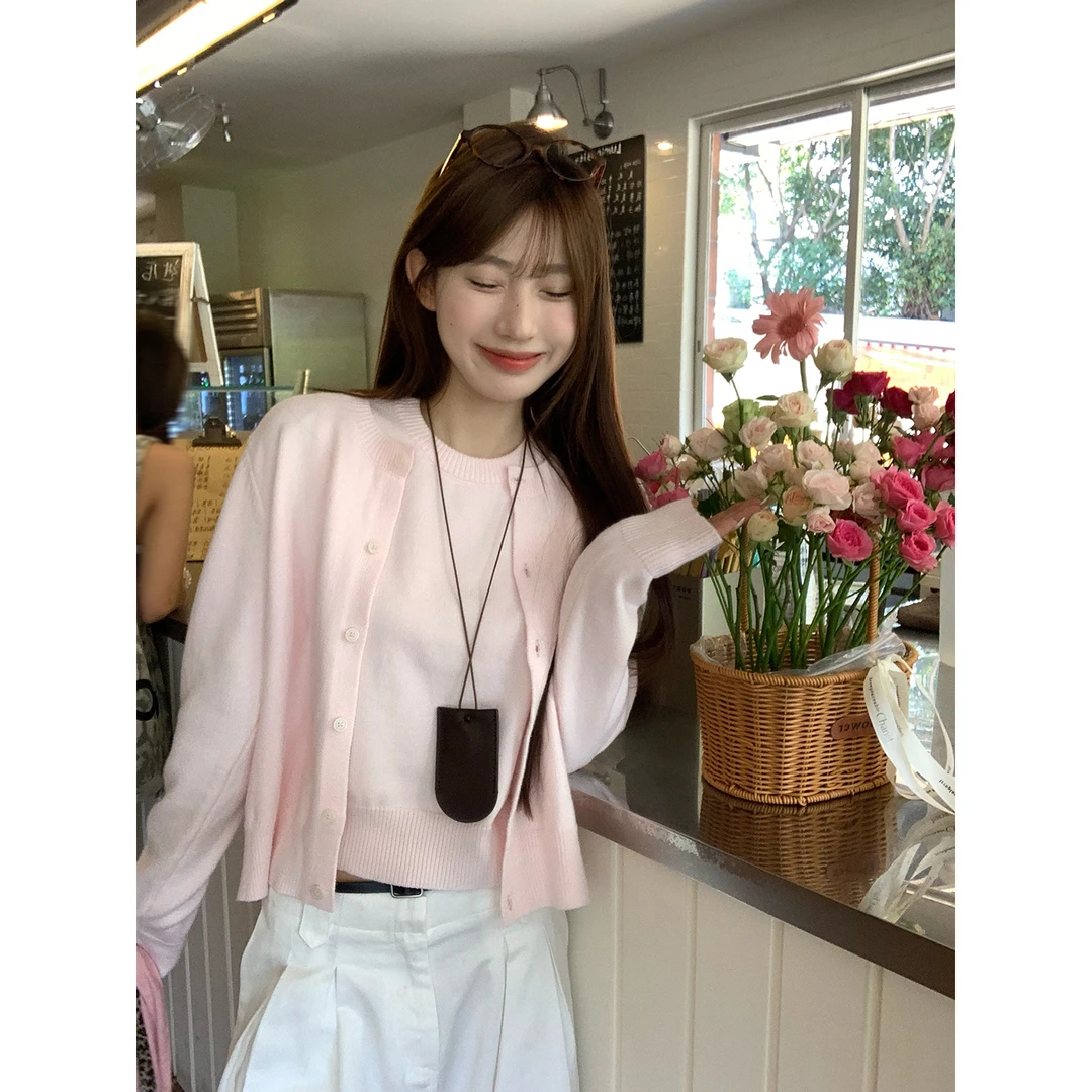 宋正恩秋季2025年韩系粉色针织两件套女短款开衫外套AAM17