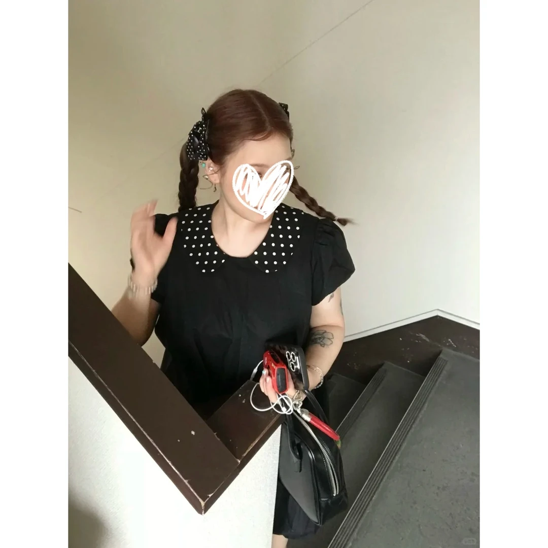 学院风波点拼接娃娃领短袖连衣裙夏季减龄甜美宽松休闲百搭裙子女