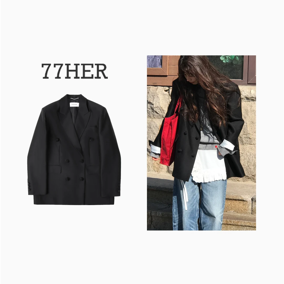 77her 小众设计双排扣玫瑰扣质感翻领西装女