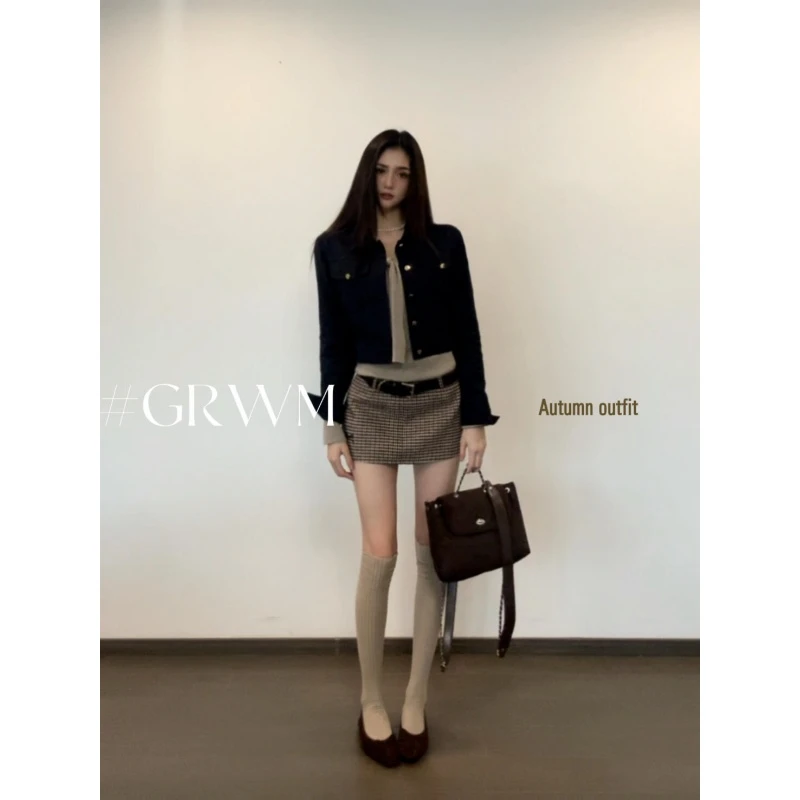 MARIE.COCO辣妹风露肩绑带长袖针织衫牛仔短外套格纹半身裙三件套