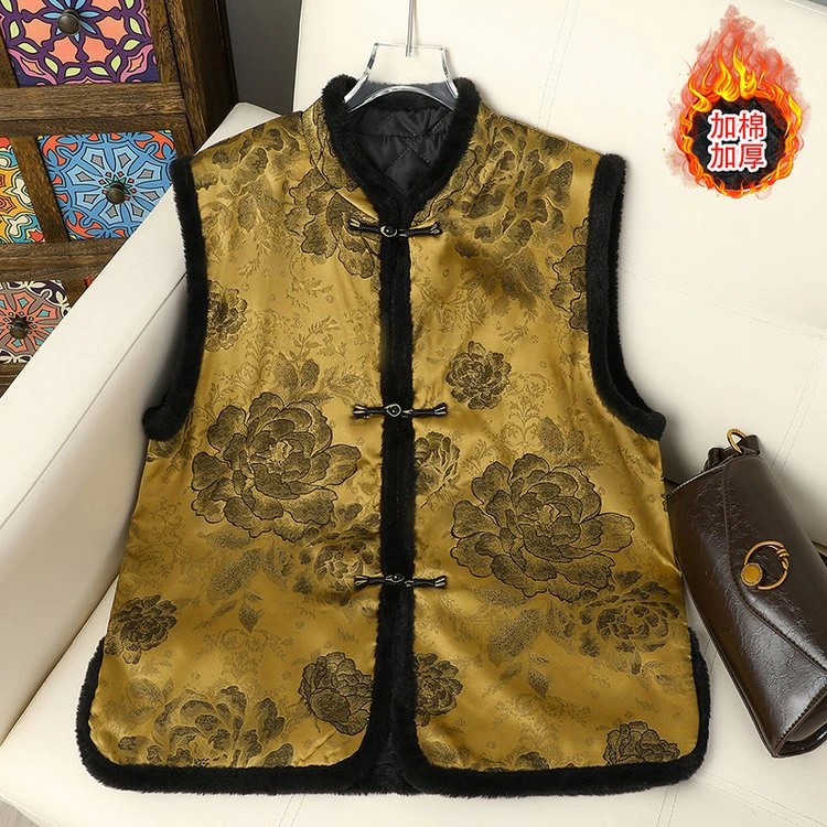 秋冬加厚马夹国风大码女士提花民族风妈妈装拼接553