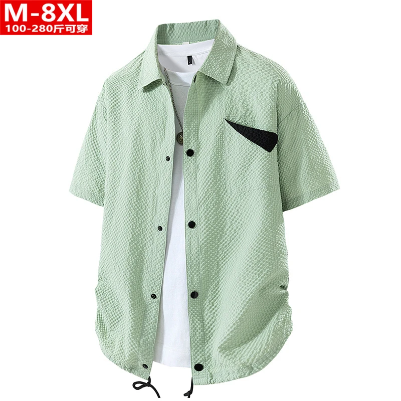 夏季潮流港风男装贴袋方领短袖衬衫胖男士加肥加大码宽松休闲衬衣