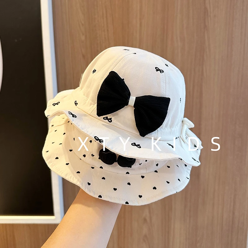 韩系宝宝遮阳帽子春秋薄款纯棉黑白波点蝴蝶结女童婴幼儿太阳帽潮
