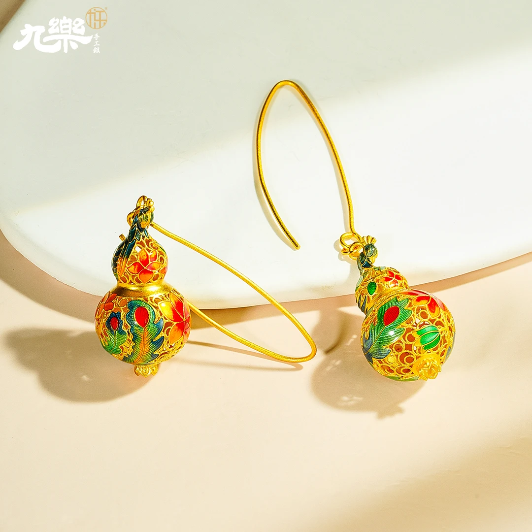 九乐 925银珐琅耳饰 新中式国风金色花丝葫芦孔雀气质百搭耳环