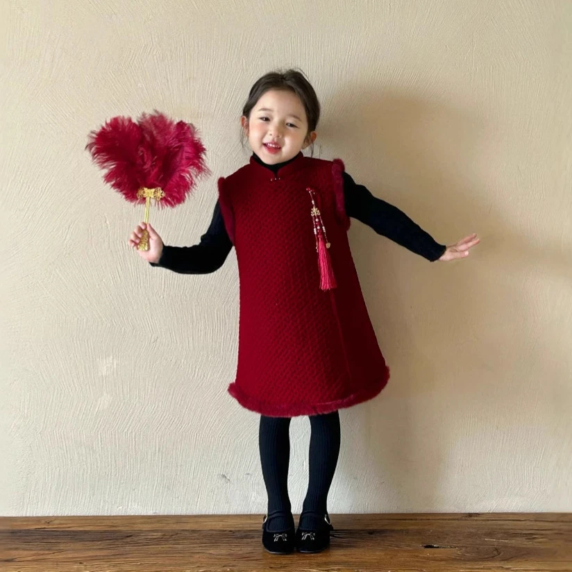 现货新中式童装女童喜庆复古夹棉盘扣旗袍镶毛旗袍裙亲子装冬季