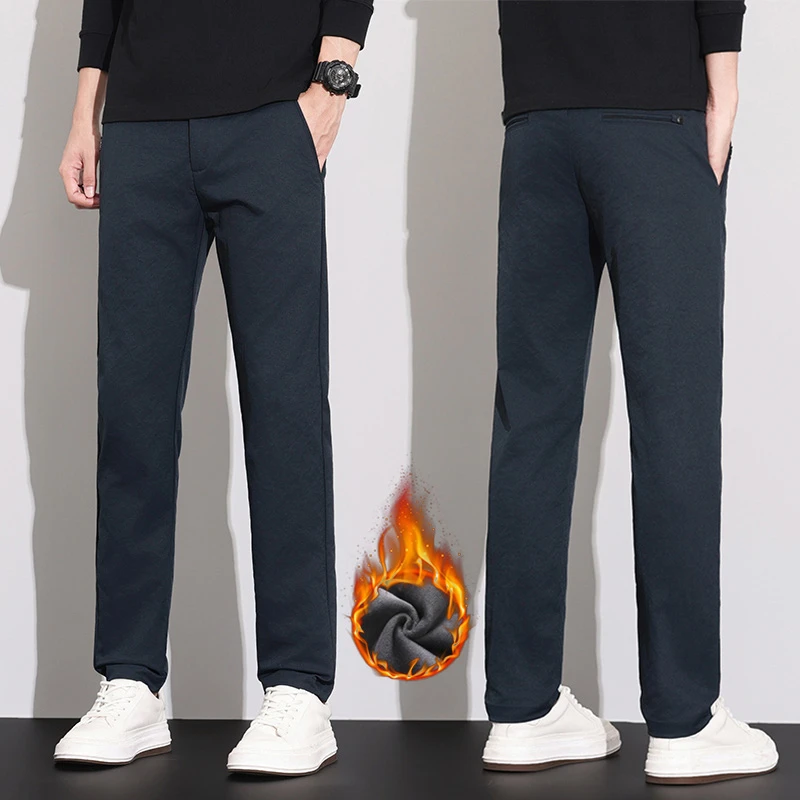男士秋冬新款加厚修身商务直筒休闲裤通勤百搭纯色弹力男款裤子