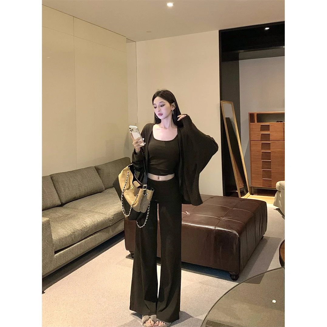 美式慵懒松弛感显瘦背心阔腿开衫裤子三件套装秋季