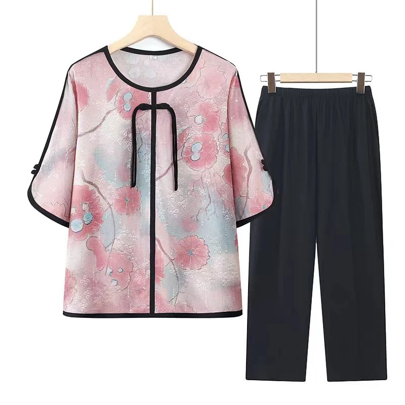 9516-【上衣+裤子】夏季新款新中式国风中袖气质妈妈装套装(A仓)