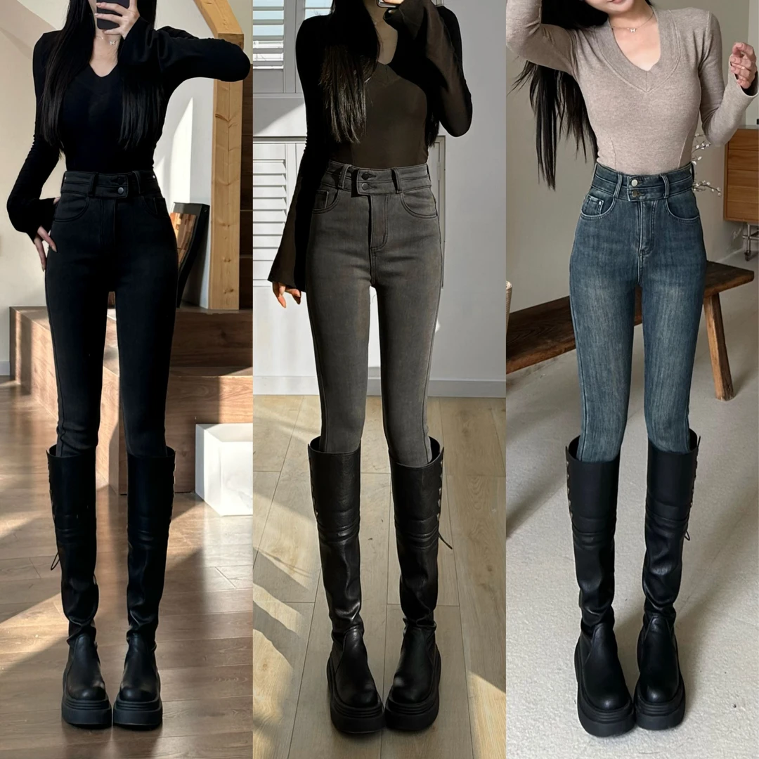 高腰小脚牛仔裤女2024秋季爆款修身弹力两粒扣显瘦秋冬铅笔裤子