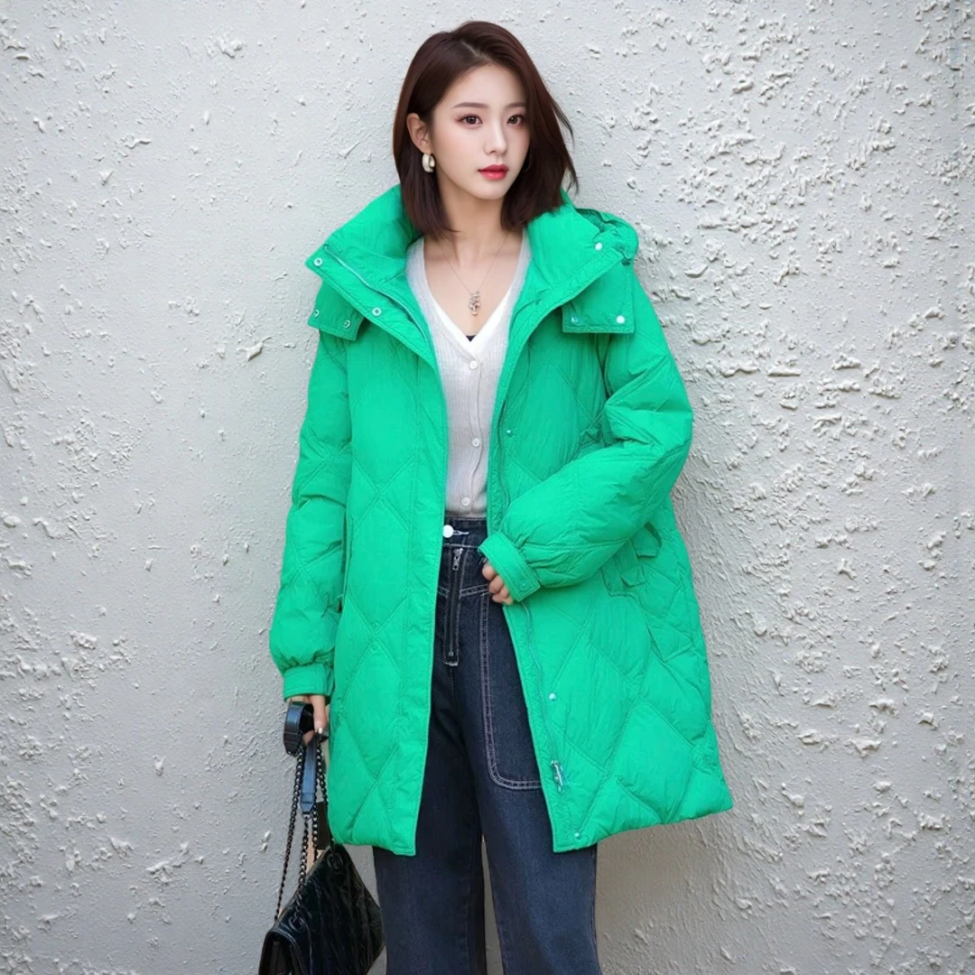 中长款拉链长款厚款轻职风收腰休闲冬季绿色