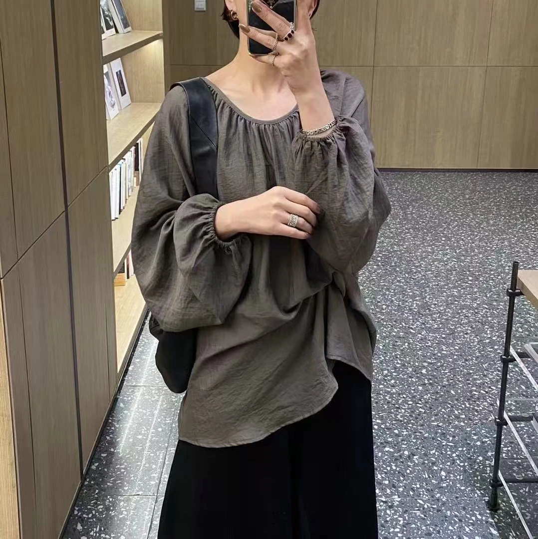 轻柔梭织圆领灯笼袖慵懒气质薄感透气长袖T宽松衬衫上衣