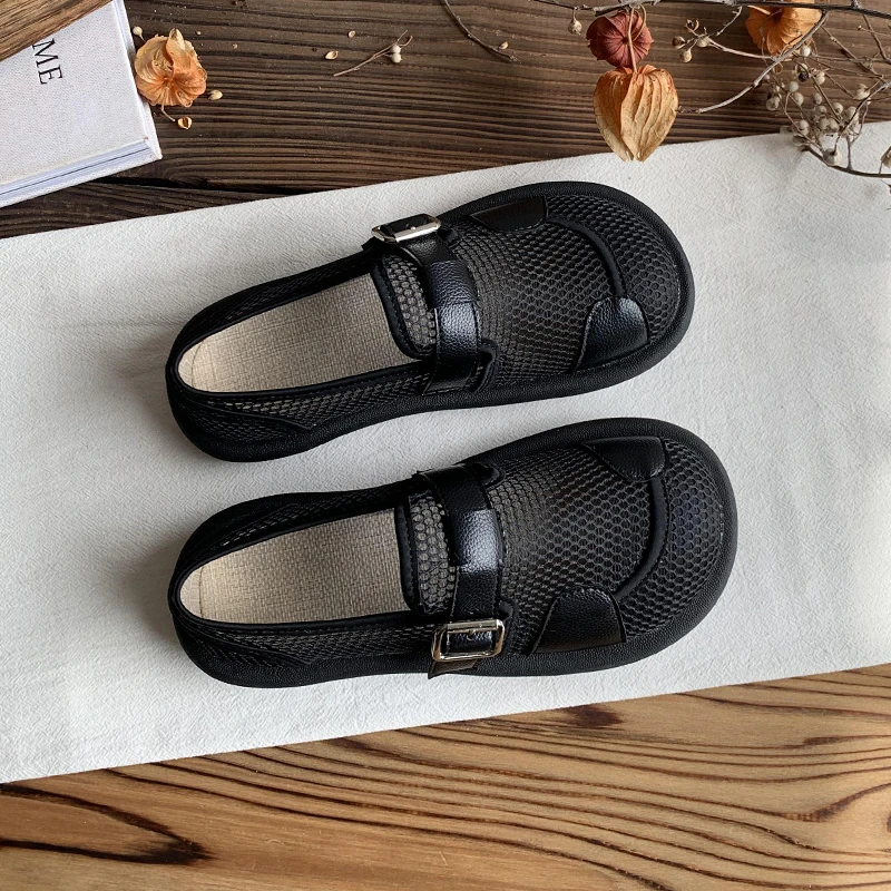 网面透气德训鞋夏季平底休闲透气一脚蹬懒人鞋复古厚底拖鞋女外穿