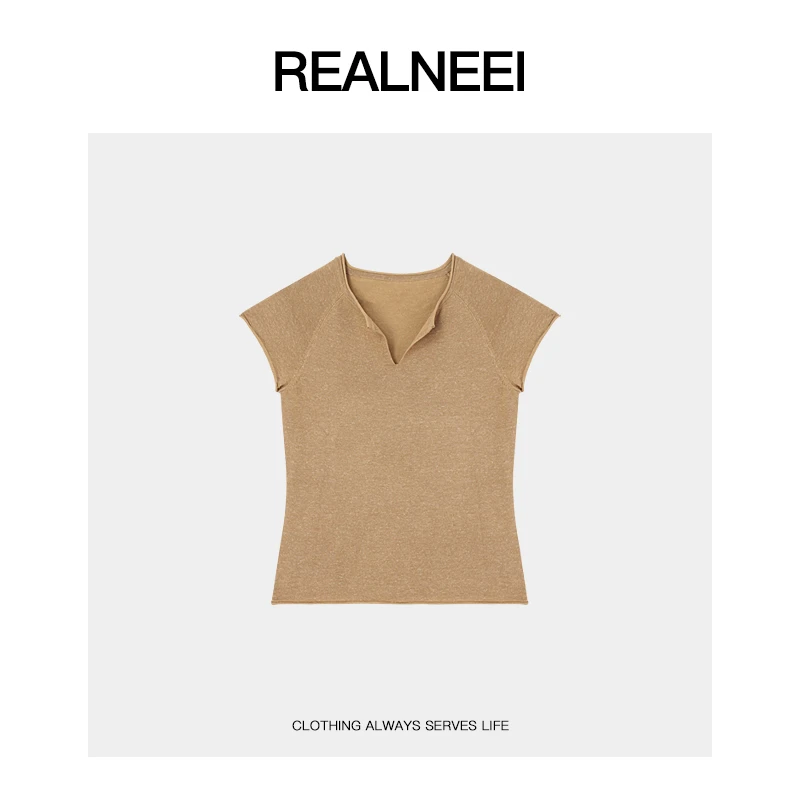 REALNEEI【特调tee】休闲欧若风天丝麻设计领口燕麦驼色T恤22296