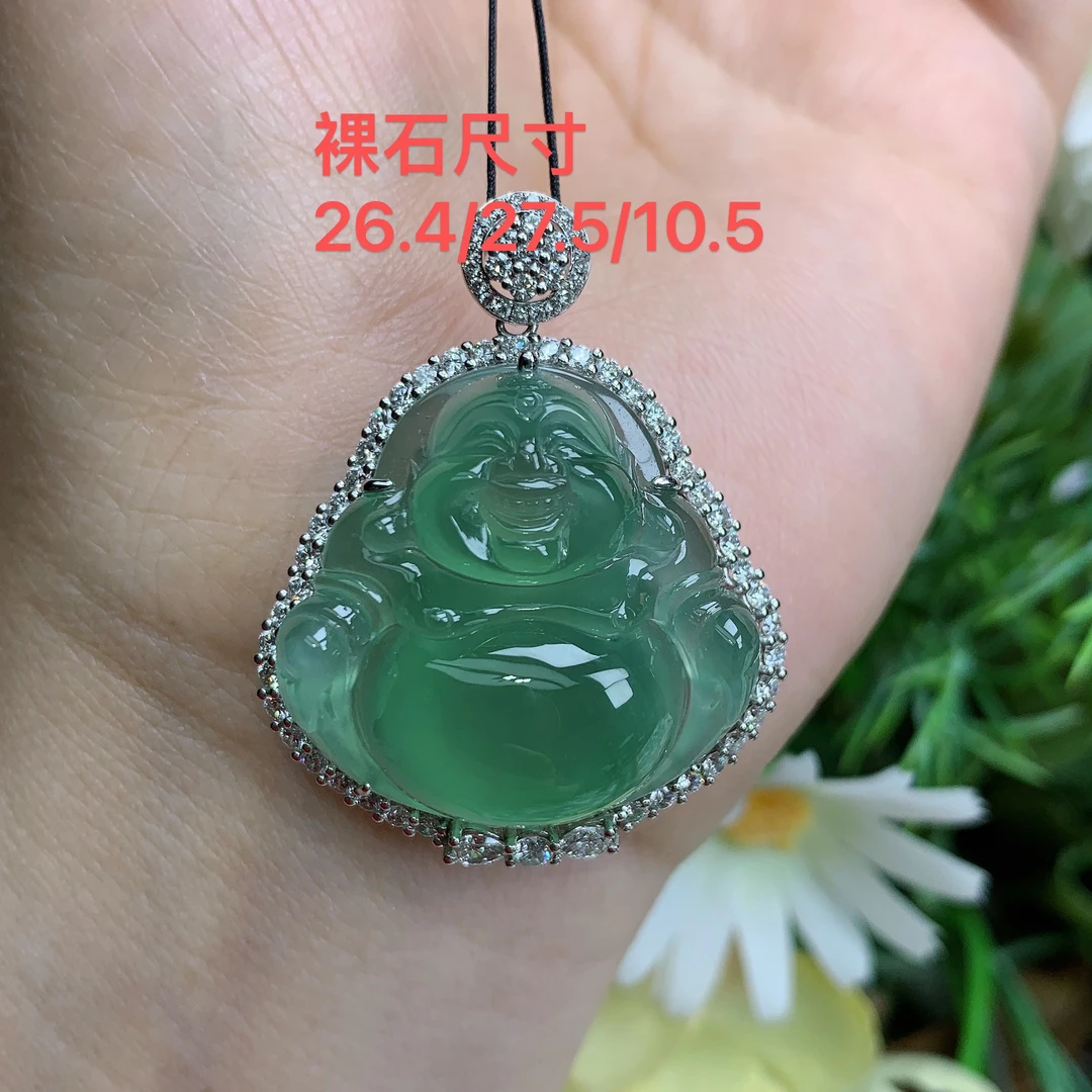 缅甸天然翡翠A货18k高冰起光睛绿佛公吊坠爱尺寸37.7/31/11.8mm