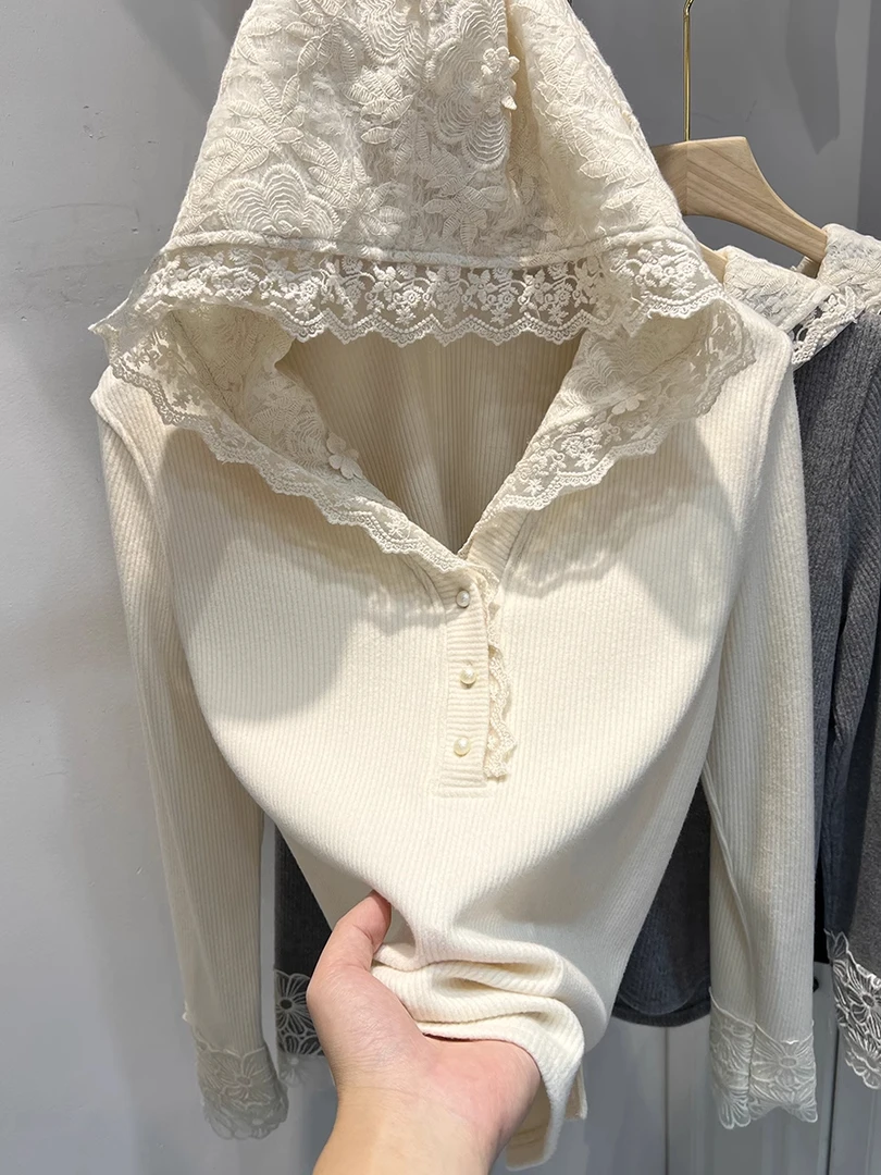 蕾丝拼接连帽长袖t恤女法式坑条设计感加绒打底衫女内搭秋冬上衣