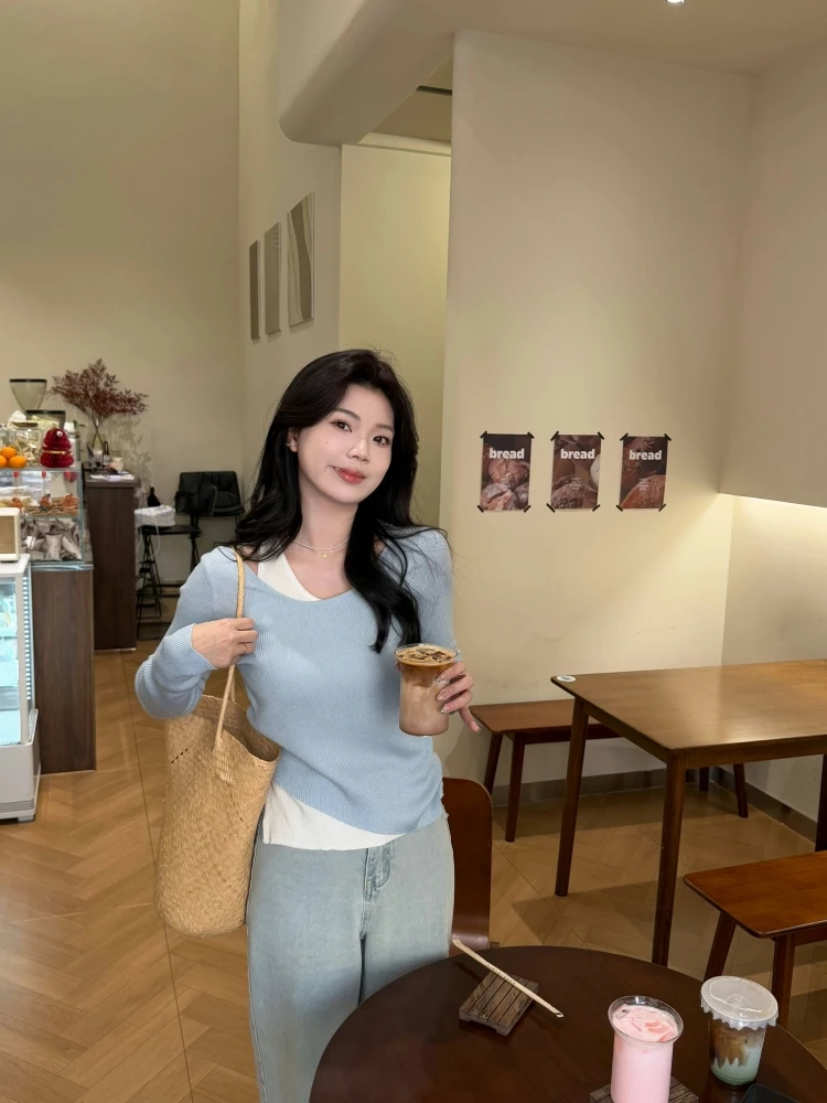 【蓝心清语】韩系温柔风撞色假两件针织衫女设计感修身显瘦长袖上衣