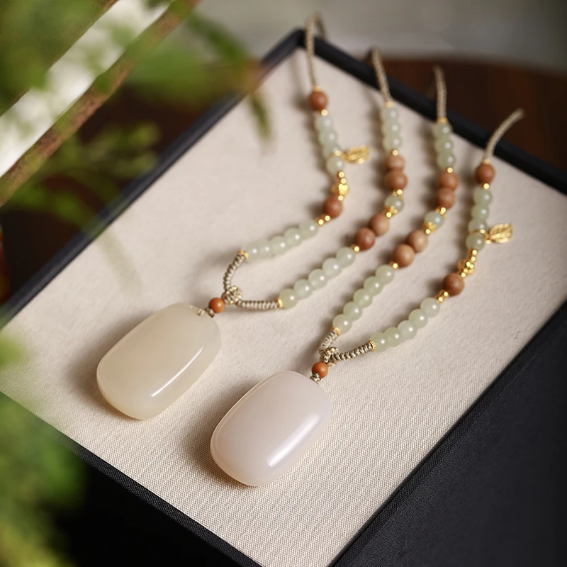 【喻囍珠宝】和田玉 藕粉平安无事牌吊坠 精致款编绳（多样性发其一）