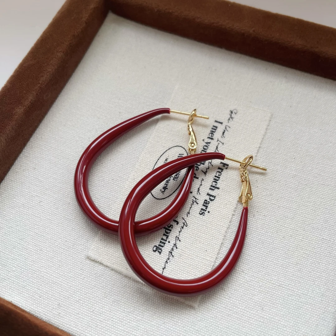 铜合金耳饰 S925银针红色复古大耳圈2025新款爆款高级感个性百搭