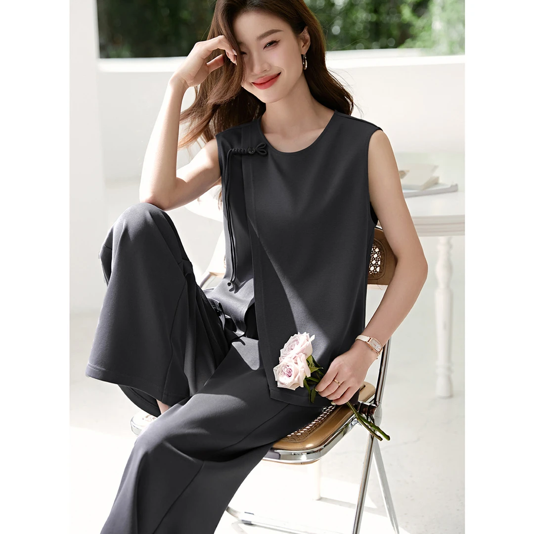 沫晗依美2025秋夏季通勤不规则设计中式阔腿裤气质两件套套装4100