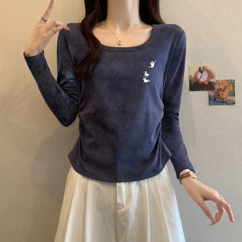 纯棉扎染正肩长袖t恤女收腰辣妹风短款U领打底衫内搭早秋方领上衣