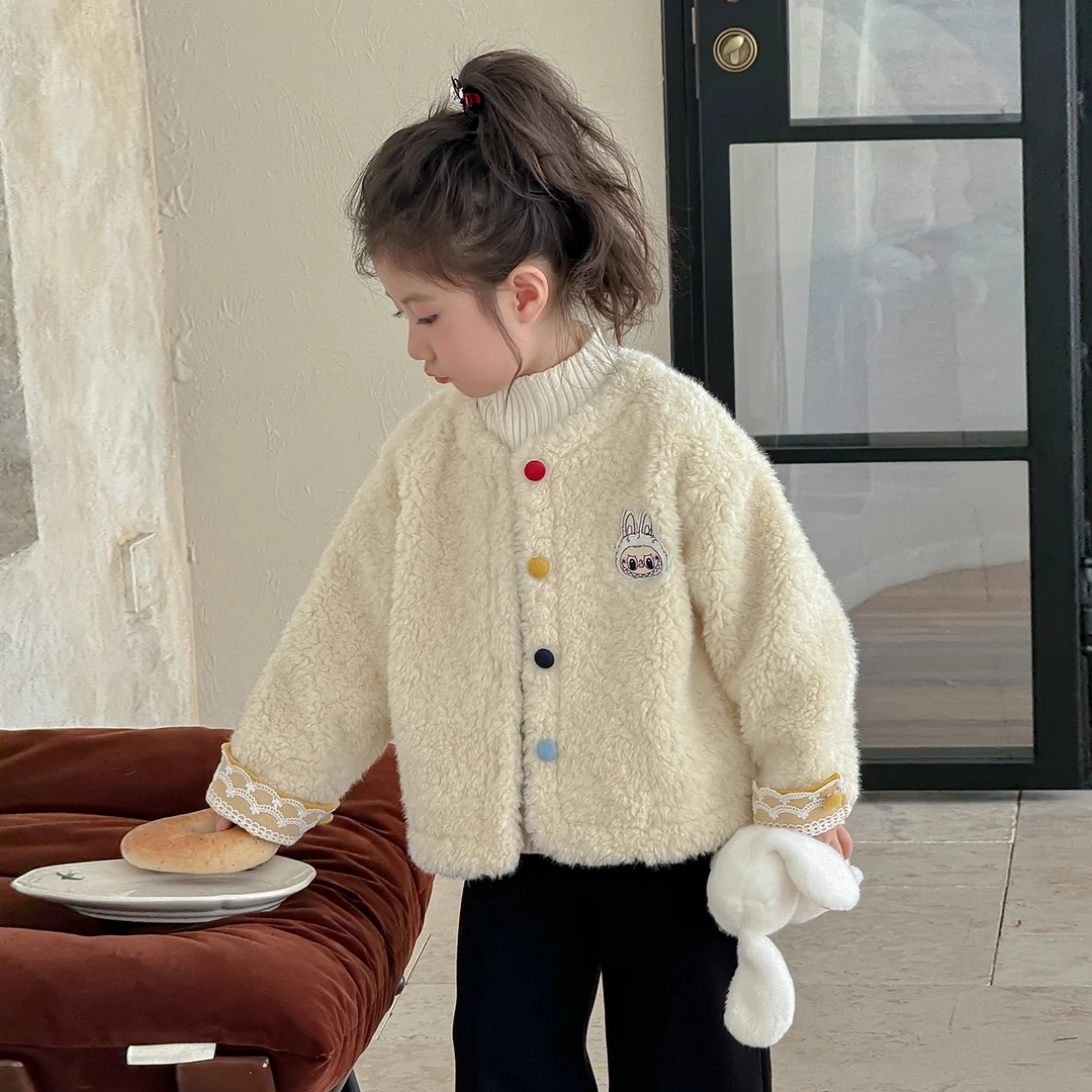 女童外套秋冬2025新款洋气女宝宝冬季加绒加厚儿童冬装羊羔毛毛衣
