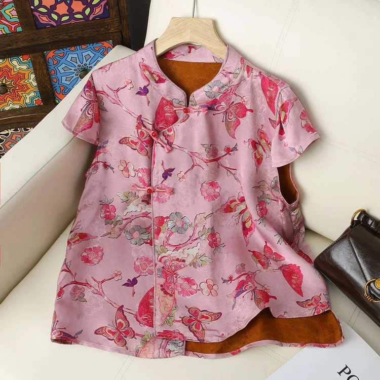 新中式国风女装夏季新款上衣提花缎面立领短袖衬衫优雅高贵显瘦女