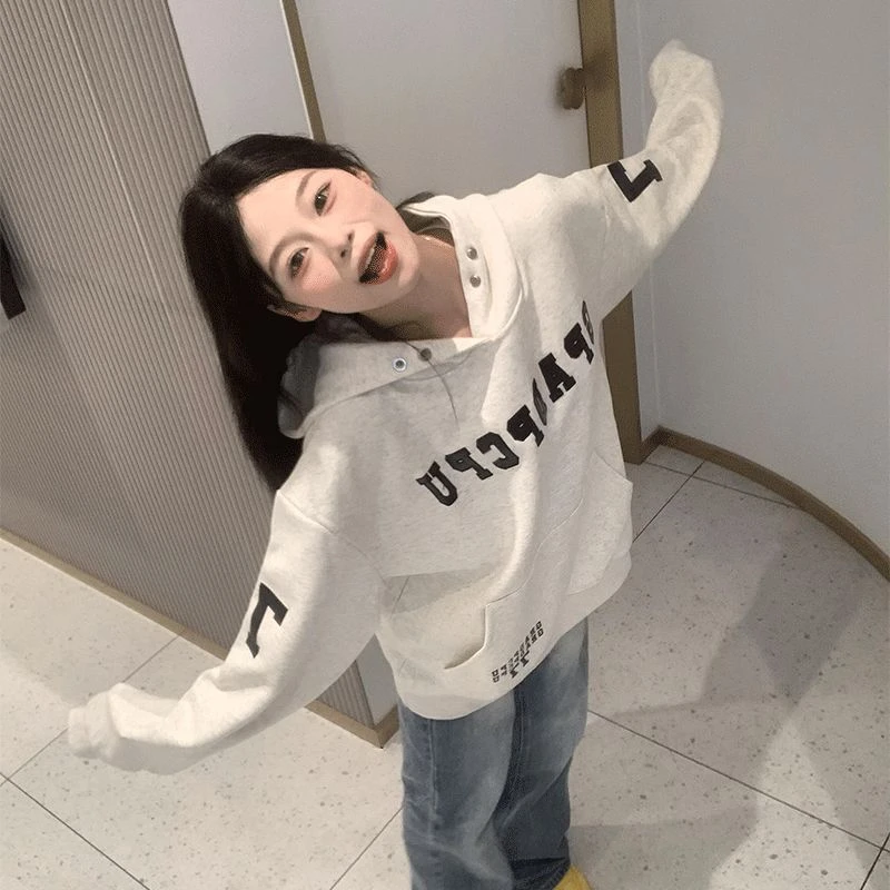 韩版宽松早秋学院风字母卫衣连帽洋气刺绣百搭潮牌卫衣春秋款女