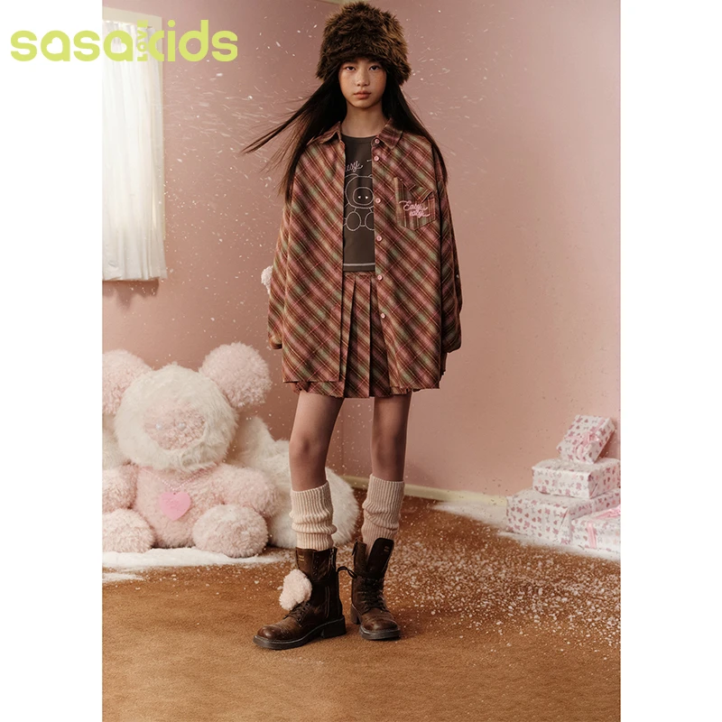 sasakids【巧克力脆】复古咖粉彩格休闲百搭衬衫撞色条纹上衣童装