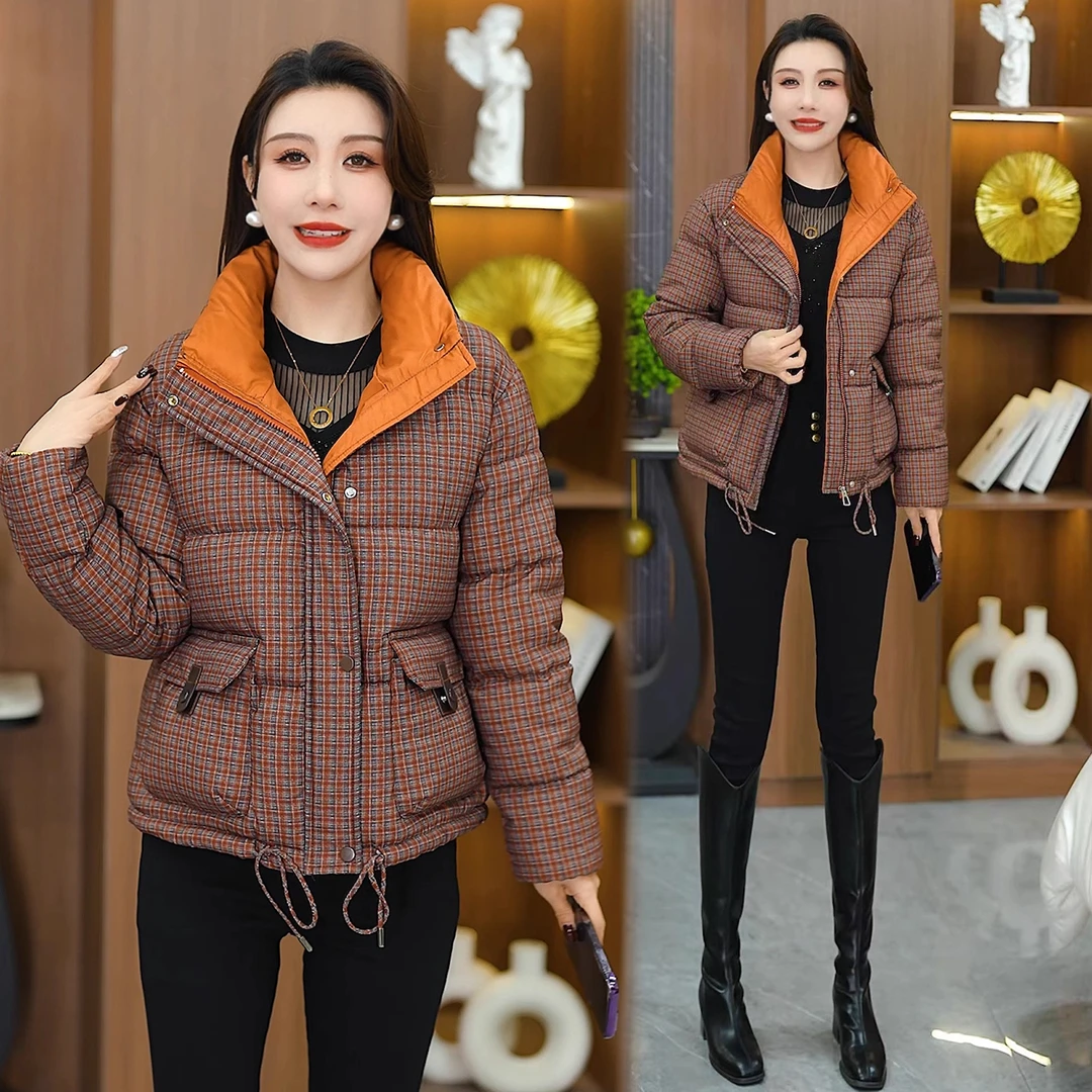 时尚格子立领棉服女今年冬季新款洋气宽松显瘦加厚保暖面包服外套