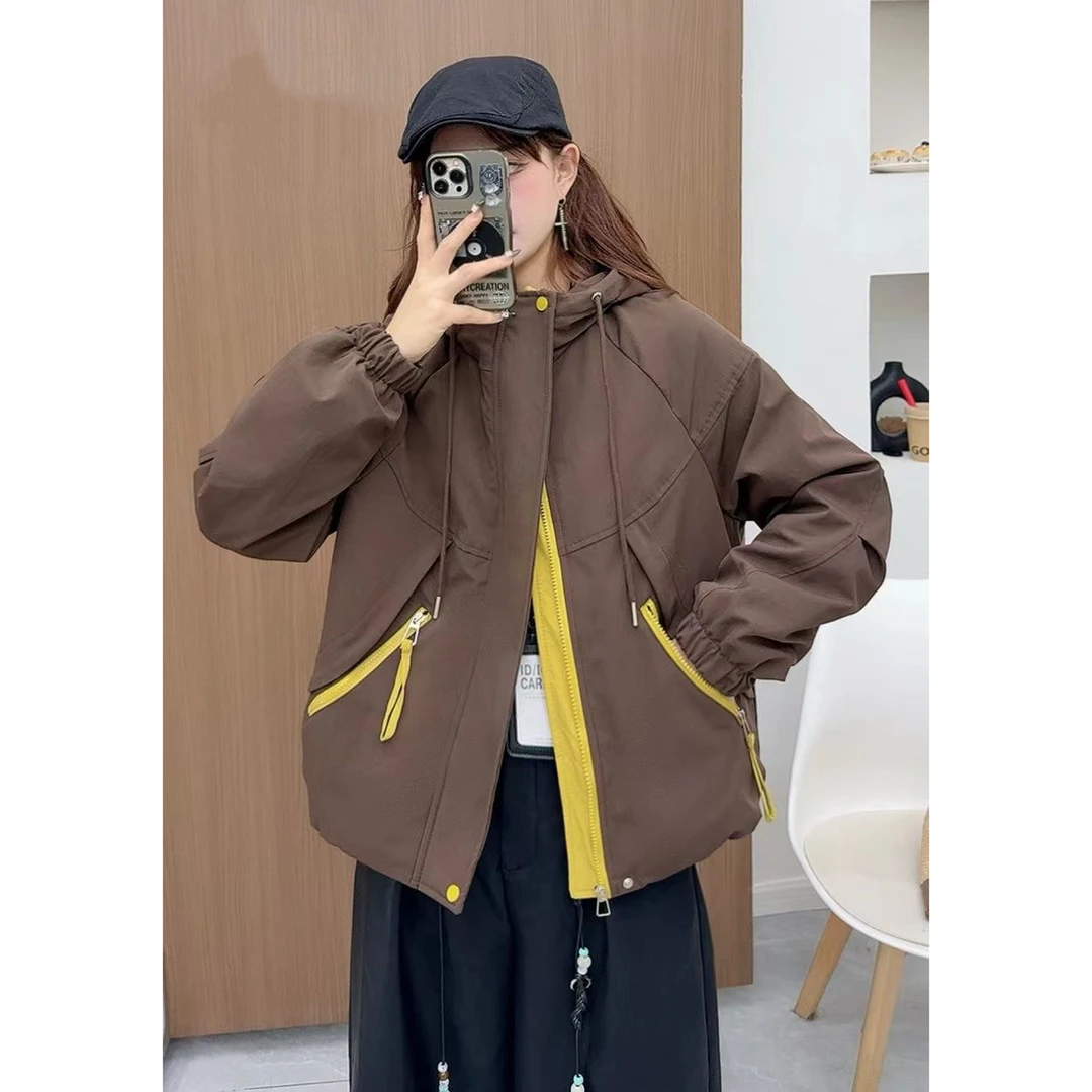 Y55912-英伦风连帽撞色短款外套女秋季宽松百搭休闲时尚拼色外套