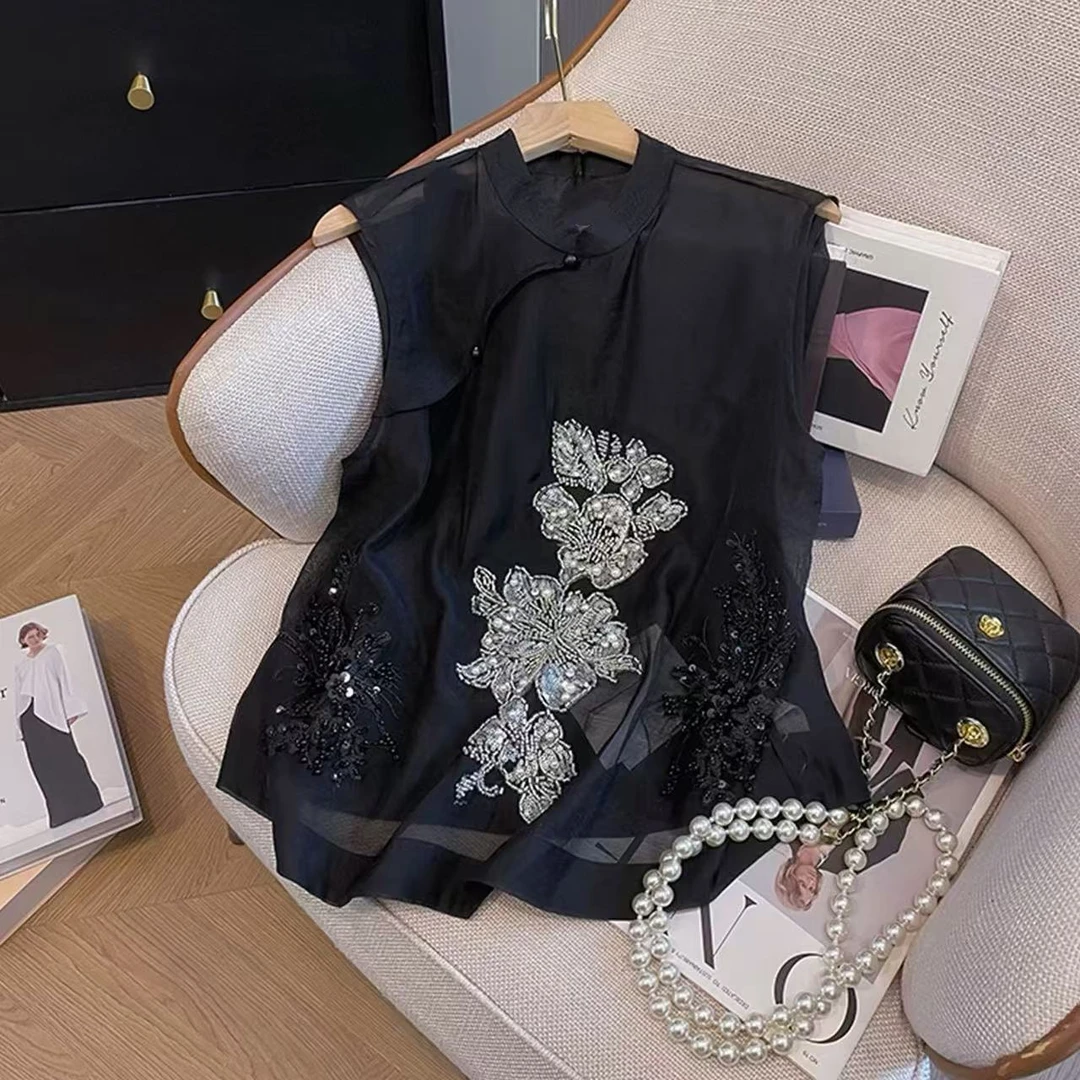 D999-3012【镜花水月L】一眼惊艳~ 轻国风无袖新中式重工亮片衬衫