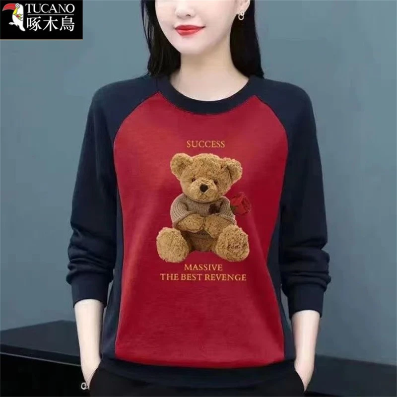 啄木鸟新款时尚休闲印花圆领中年T恤春秋长袖撞色洋气百搭上衣女