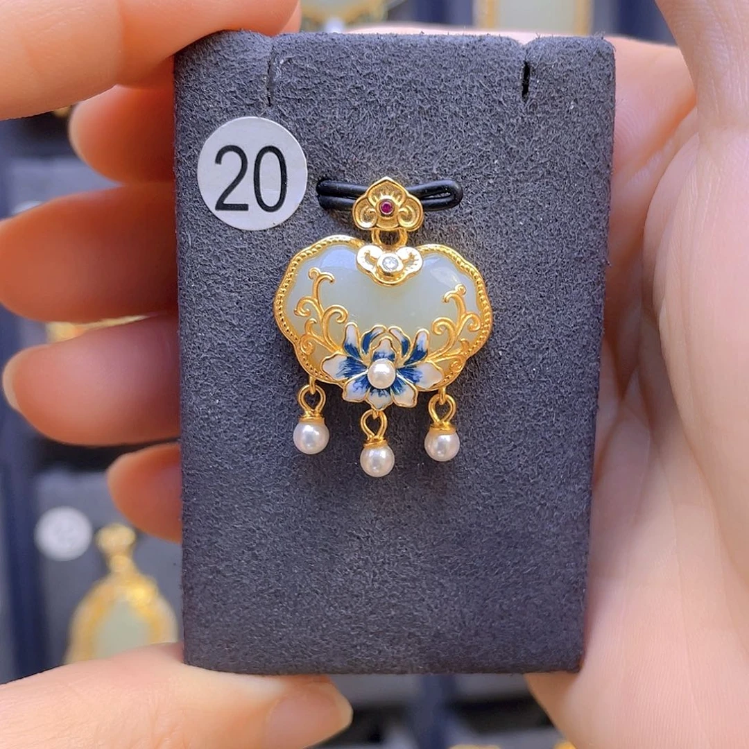 和田玉颈饰银S925镀金镶嵌