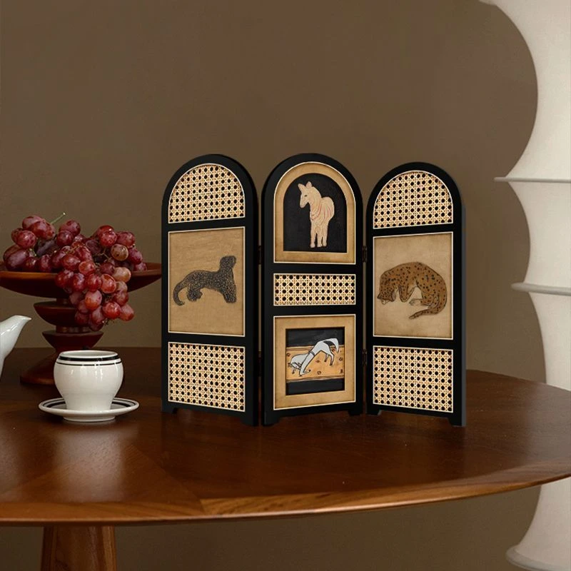 中古风桌面屏风小摆画摆件复古金钱豹装饰画电视柜玄关柜边装饰画