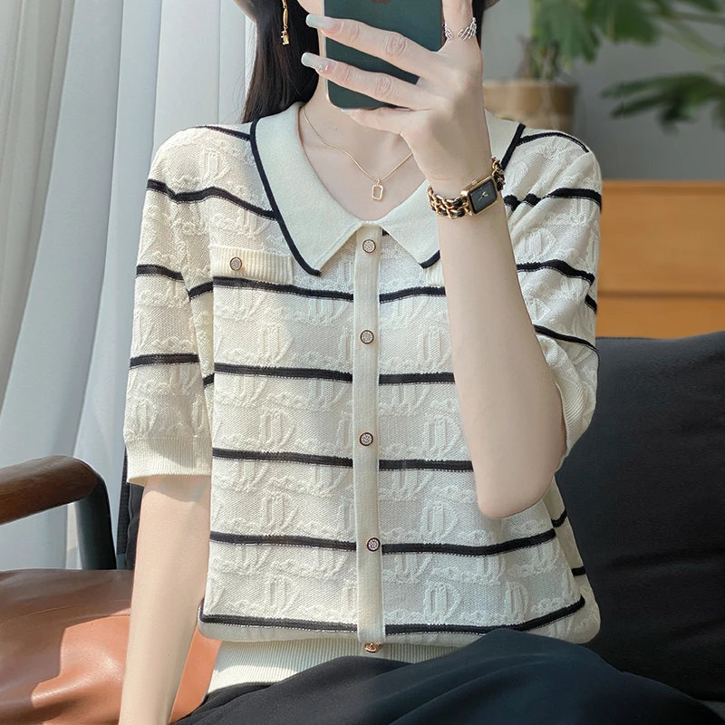 Polo领上衣女夏季大码小香风短袖T恤洋气百搭薄款宽松翻领针织衫