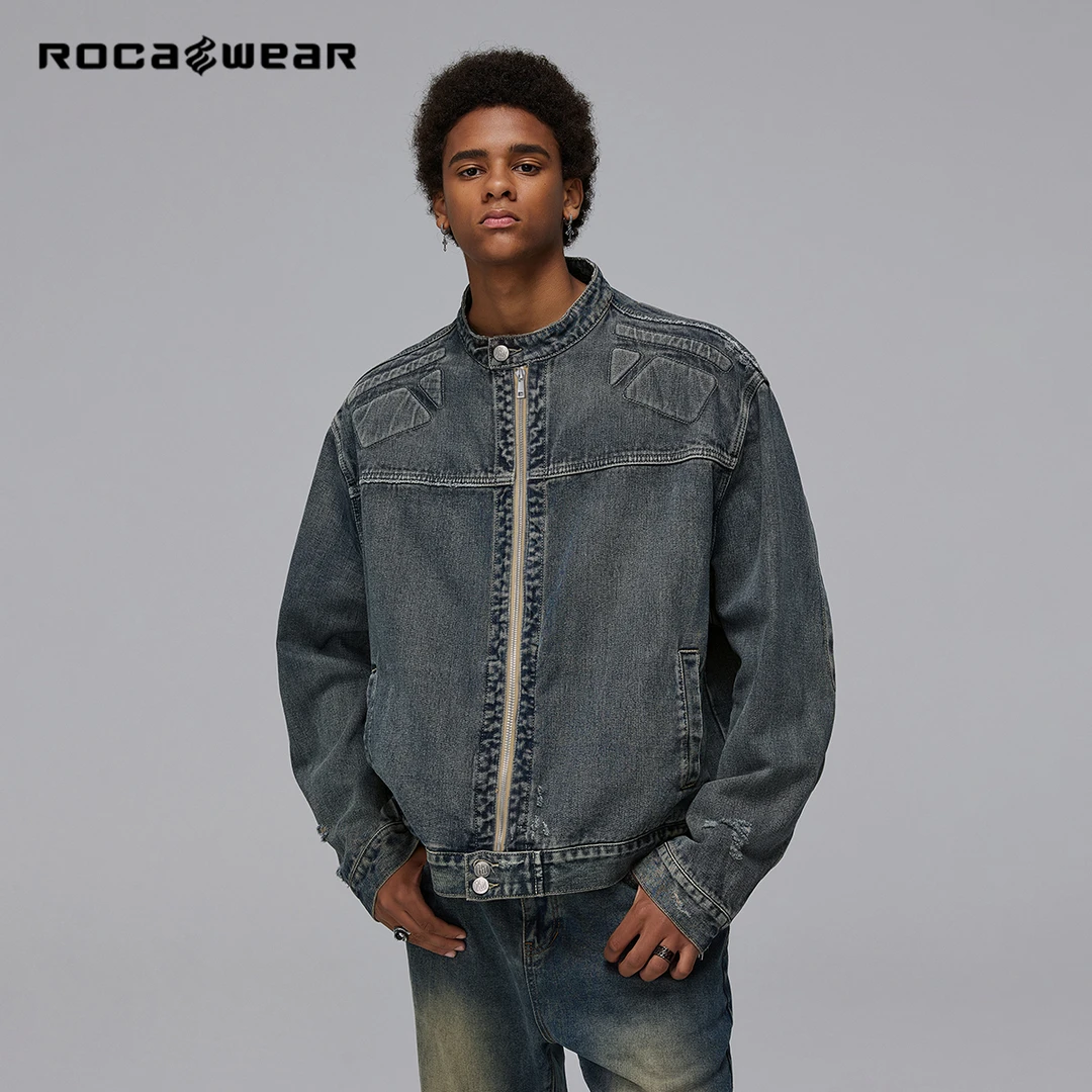 Rocawear明星同款水洗做旧牛仔外套高街浮雕机甲夹克