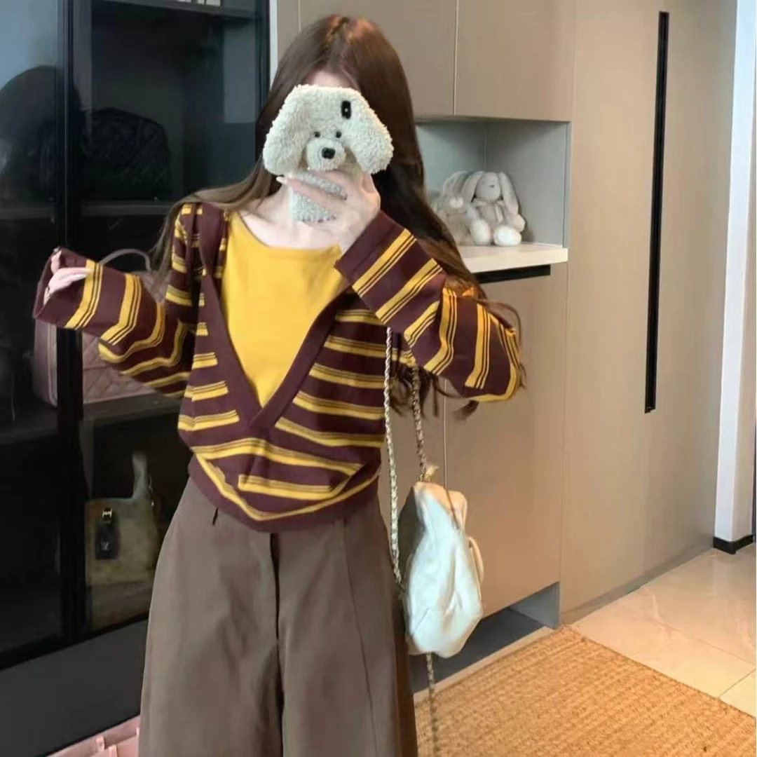 胖鹅张~设计感条纹撞色拼接连帽假两件针织上衣#299