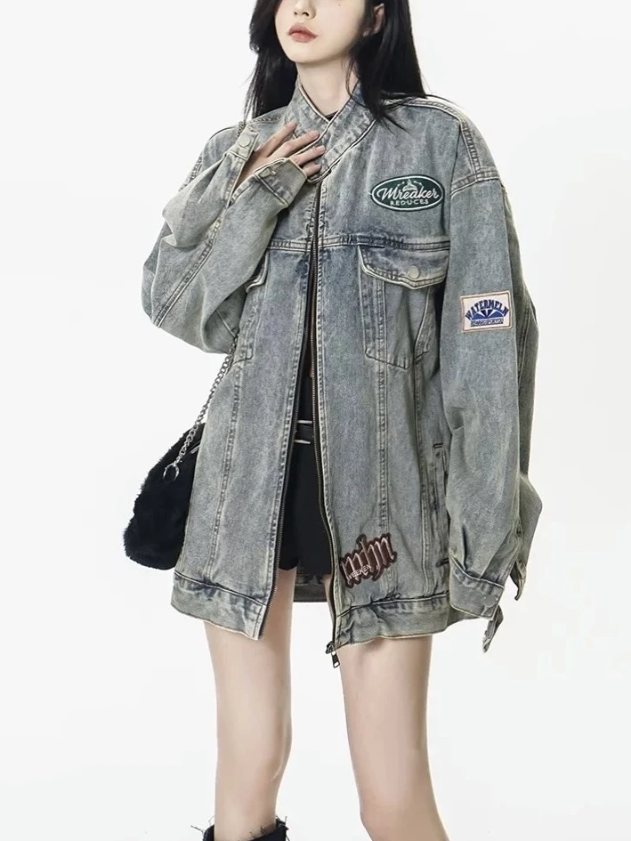 六六 美式复古贴章设计水洗做旧刺绣牛仔外套夹克男女款