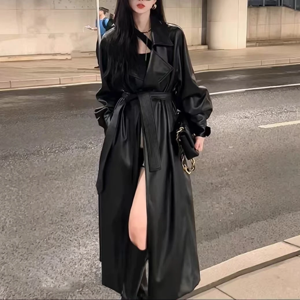 岚岚大码女装时尚高端翻领气场十足显瘦百搭长款皮衣外套70128