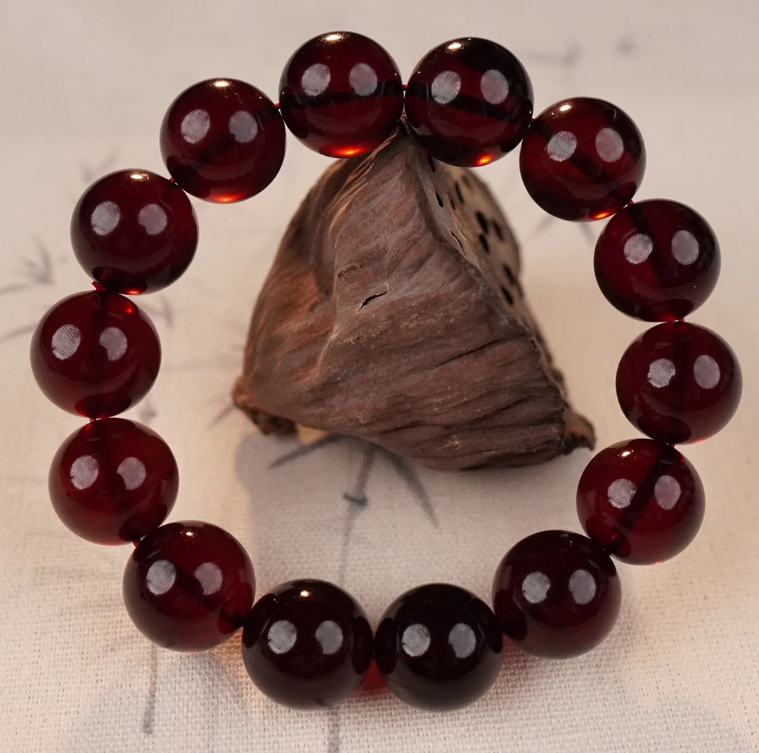 15+缅甸天然琥珀圆珠手串轻奢时尚红色百搭简约单圈素款