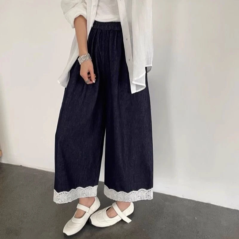 松紧腰蕾丝花边拼接直筒牛仔裤女夏季新款小个子宽松显瘦阔腿裤子