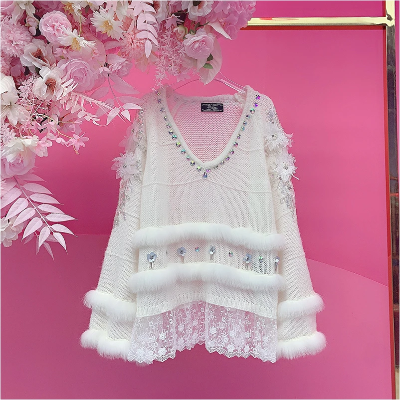 A4126欧美设计师2025秋季新款重工钉钻刺绣立体花朵毛衣女