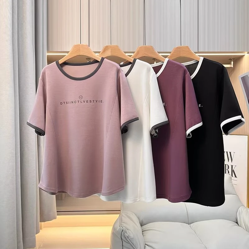 百搭时尚字母印花短袖T恤女2025年夏季新款宽松圆领上衣潮
