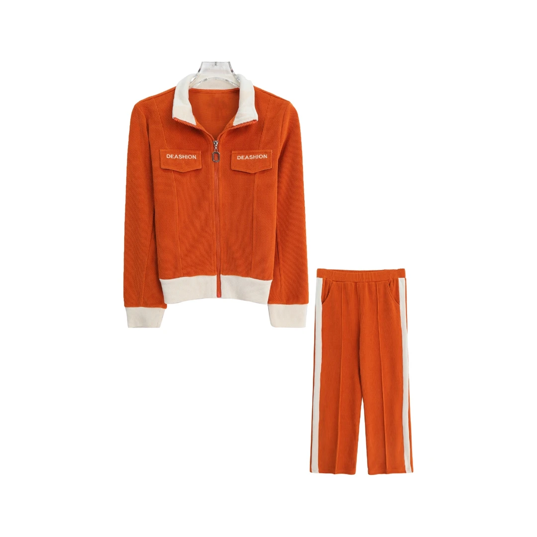 翻领撞色条纹拉链上衣休闲直筒长裤套装S3709