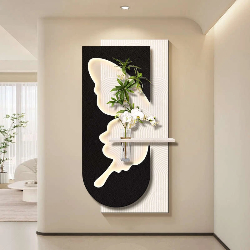 中古风蝴蝶入户玄关装饰画水培绿植走廊过道挂画复古高级感壁灯画