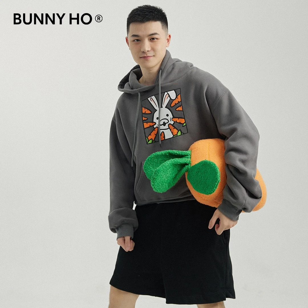 BunnyHo 多多益善 兔年春季加绒贴身宽松卡通印花男女带帽卫衣