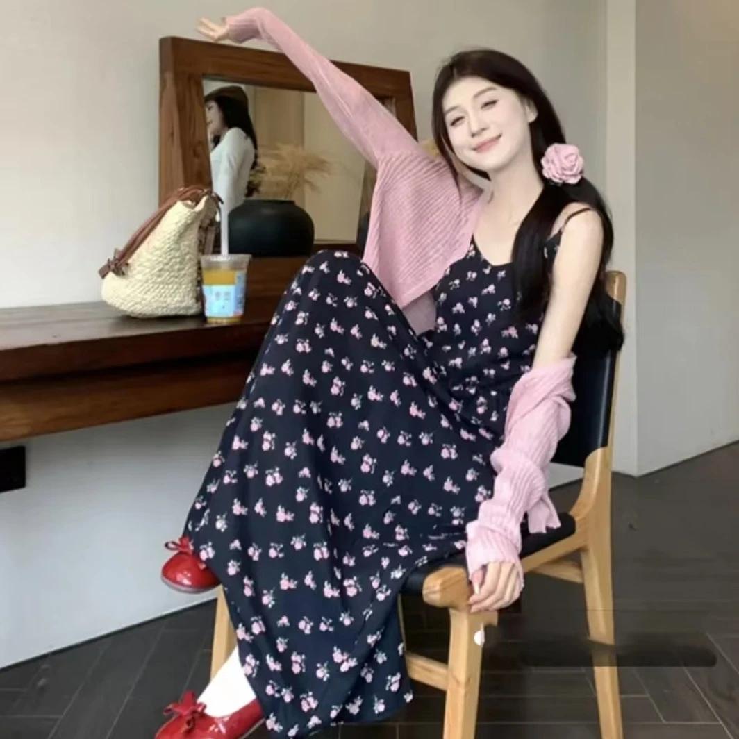 碎花吊带连衣裙女新款夏季设计感小众针织开衫上衣两件套潮款1771